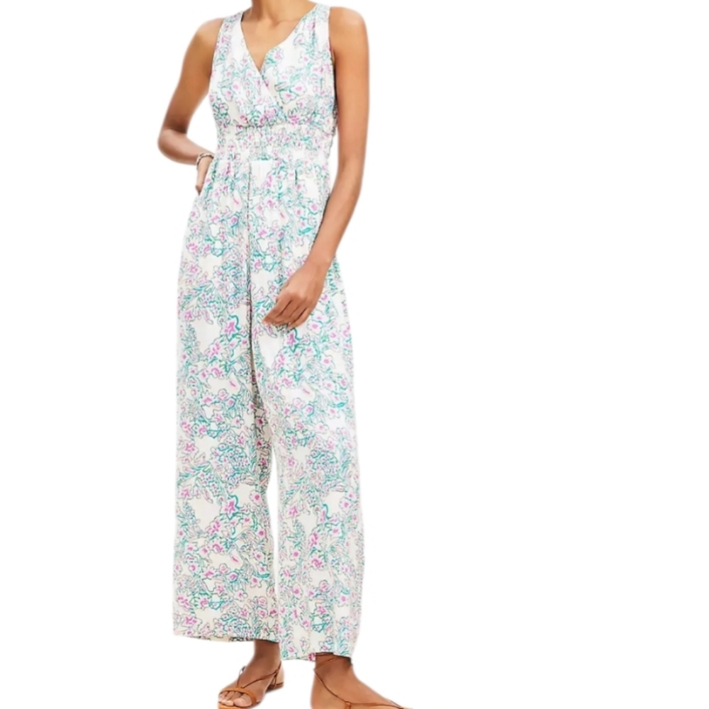 NWT LOFT Floral Smocked Crisscross Back Jumpsuit Womens 10 White Straight Spring